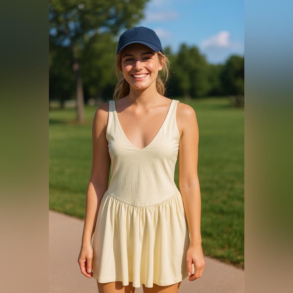 Banana Cream Sleeveless Women’s Pleated Athleisure Dress- Size Medium